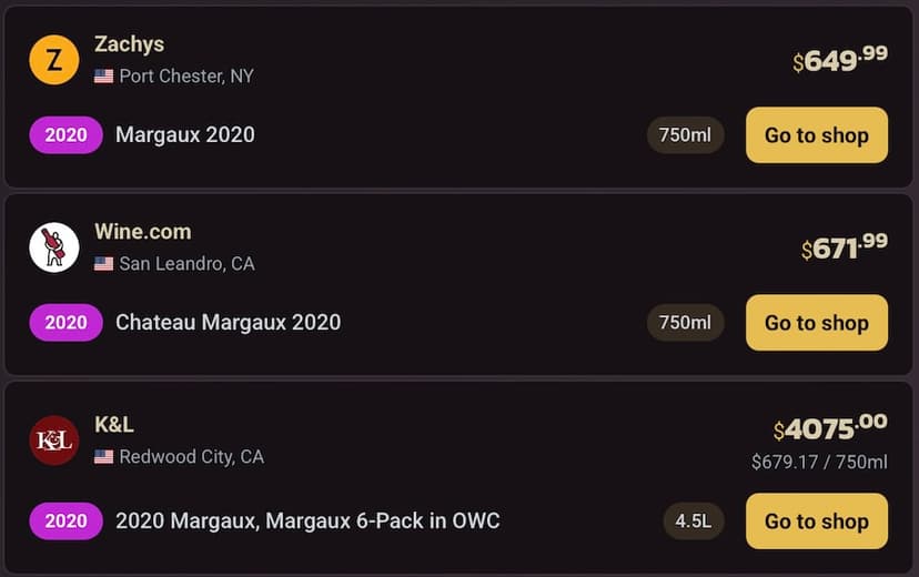 Wine listings on CellarCharts